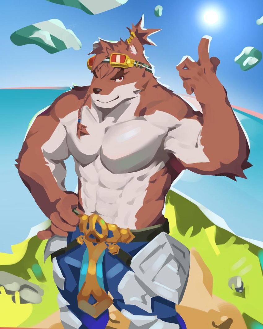 2019 5_fingers abs anthro armor belt biceps black_nose blue_bottomwear blue_clothing bottomwear braided_hair brown_body brown_eyebrows brown_fur brown_hair canid canine cartuja clothed clothing digital_media_(artwork) epic7 eyebrows eyewear eyewear_on_head featureless_chest fingers fur gesture goggles goggles_on_head hair hand_gesture hand_on_hip hi_res hydaus legwear looking_at_viewer male mammal muscular muscular_anthro muscular_male outside pecs pointing pointing_up ponytail red_eyes sky solo topless white_body white_fur