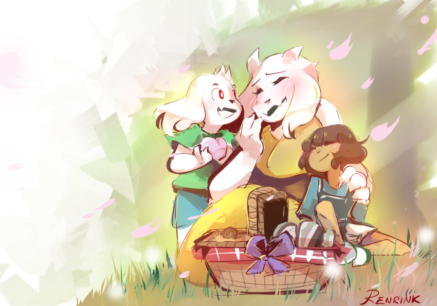 asriel_dreemurr basket boss_monster bovid caprine group human mammal mother_and_child peach_(disambiguation) petals picnic protagonist_(undertale) renrink toriel undertale video_games