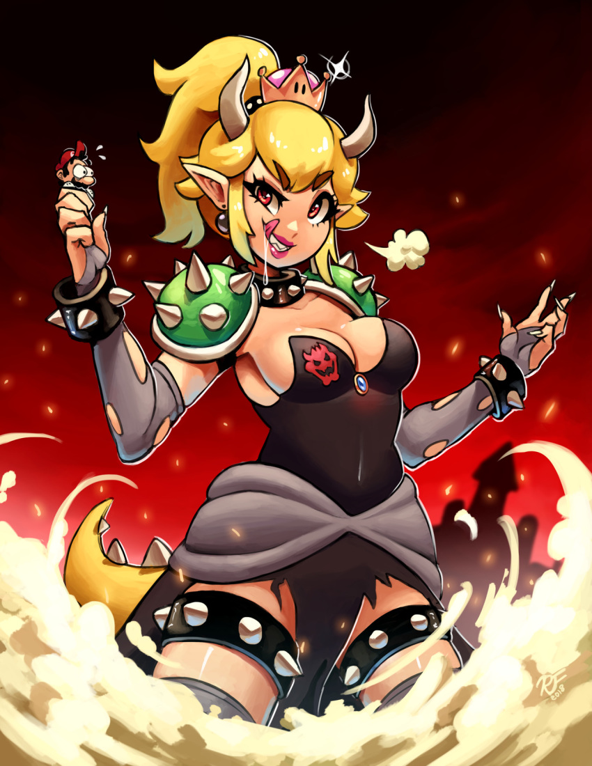 1boy bangs black_dress black_earrings blonde_hair bowsette bracelet breasts bridal_gauntlets cleavage collar dated dress earrings eyebrows_visible_through_hair facial_hair female giantess highres holding horns jewelry licking_lips long_hair mario mario_(series) moustache nail_polish new_super_mario_bros._u_deluxe nintendo parted_lips pointy_ears ponytail ravenousruss red_eyes red_headwear saliva sharp_teeth shoulder_pads smile smoke sparkle spiked_bracelet spiked_collar spiked_tail spiked_thighlet spikes strapless strapless_dress super_crown tail teeth thighlet tongue tongue_out white_nails