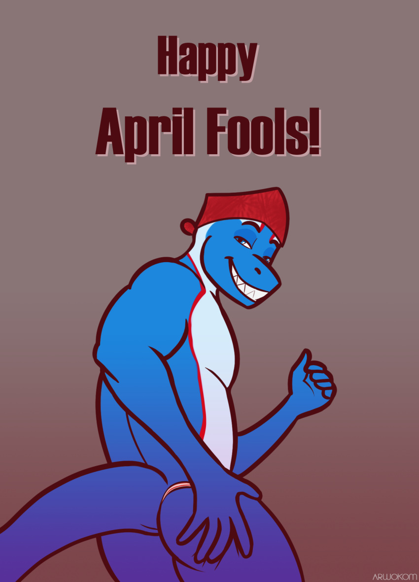 anthro april_fools'_day arwokom ass bandana butt_pose clothed clothing cosplay flexing hand_on_butt hi_res holidays kerchief looking_at_viewer male meme partially_clothed pose real_world ricardo_dancin' ricardo_milos scalie solo