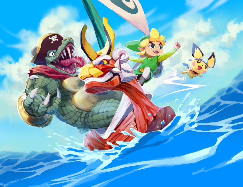 3boys blue_sky boat cloud cloudy_sky commentary day donkey_kong_(series) donkey_kong_country english_commentary hat highres k_rool link male_focus multiple_boys niko_geyer ocean outdoors pichu pirate_hat pokemon pokemon_(creature) sailing scales sharp_teeth sky super_smash_bros. team_aqua_uniform teeth the_king_of_red_lions the_legend_of_zelda the_legend_of_zelda:_the_wind_waker toon_link water watercraft