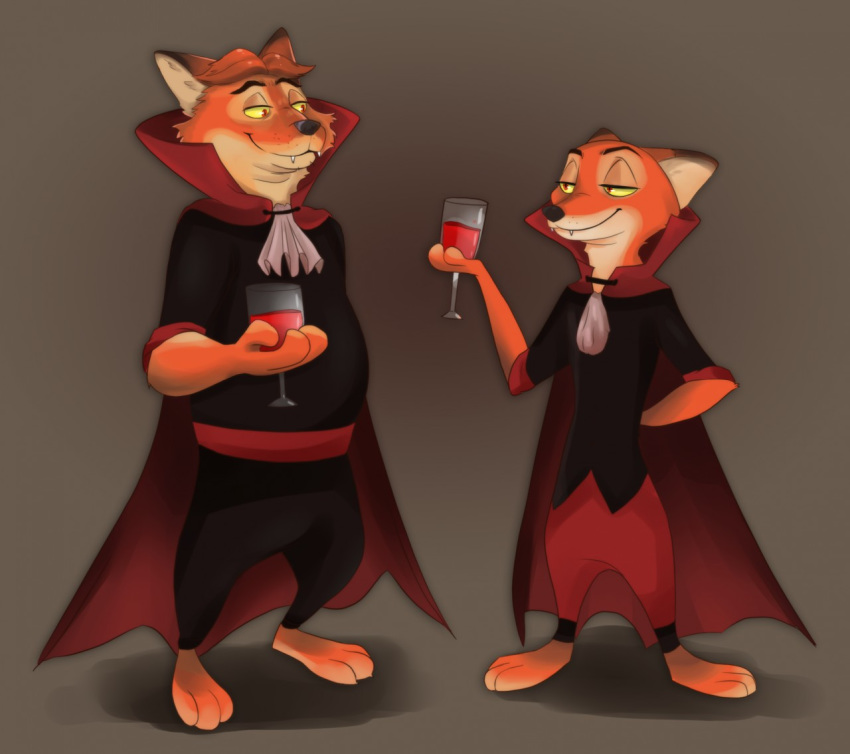 2019 anthro barefoot black_nose canid canine cape clothed clothing container countershade_face countershade_fur countershading cup digital_media_(artwork) disney drinking_glass duo fangs feet fox fur gideon_grey glass glass_container glass_cup hindpaw male mammal nick_wilde paws red_eyes red_fox rin_tyan shaded simple_background standing teeth true_fox vampire wine_glass zootopia