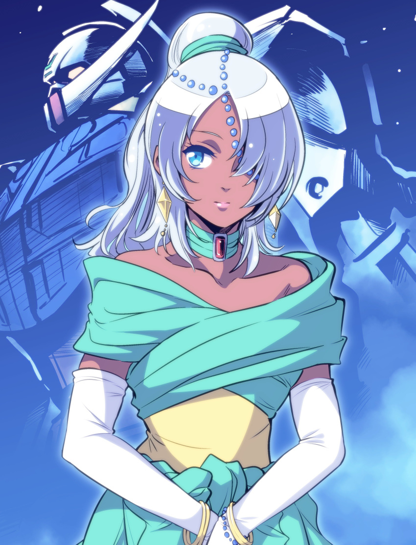 1boy absurdres blue_eyes bracelet commentary_request crossdressing dark-skinned_male dark_skin dress earrings elbow_gloves gloves gundam hair_over_one_eye highres ishiyumi jewelry laura_rolla loran_cehack male_focus mecha otoko_no_ko projected_inset robot solo turn_a_gundam turn_a_gundam_(mobile_suit) white_hair