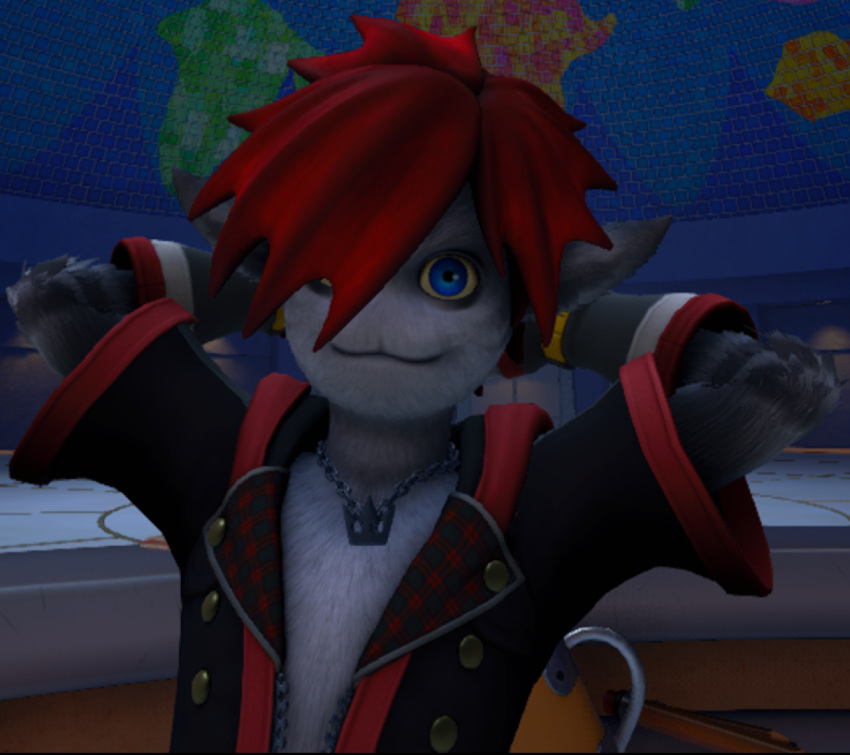 anthro blue_eyes clothed clothing disney fur hair jewelry kingdom_hearts kingdom_hearts_3 looking_at_viewer male mammal map monster monster_sora_(character) monsters_inc necklace pixar pose red_hair screencap smile solo sora_(kingdom_hearts) square_enix