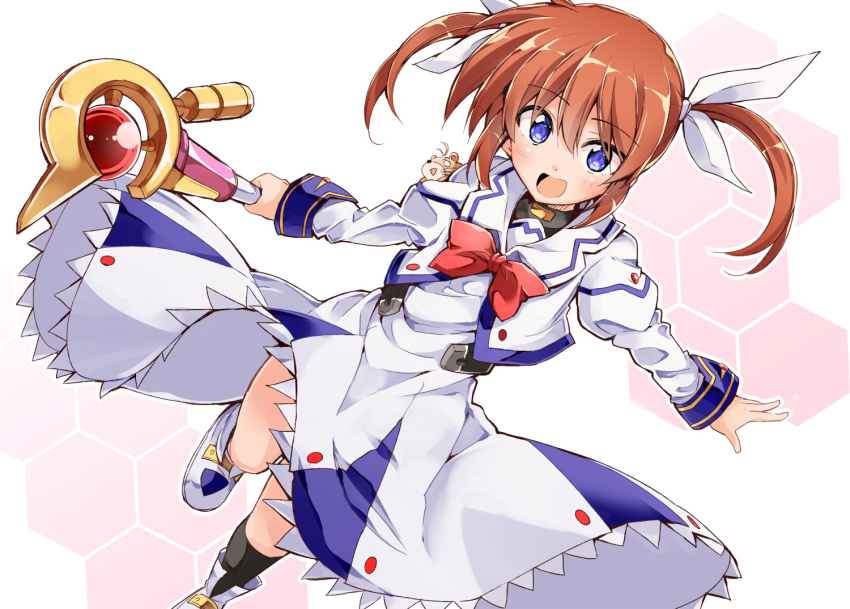 :d bibi02 black_socks blush boots brown_hair commentary_request dress female ferret floating_clothes looking_at_viewer lyrical_nanoha mahou_shoujo_lyrical_nanoha open_mouth purple_eyes raising_heart raising_heart_(device_mode) sidelocks smile socks takamachi_nanoha takamachi_nanoha_(original_mode) twintails white_dress yuuno_scrya