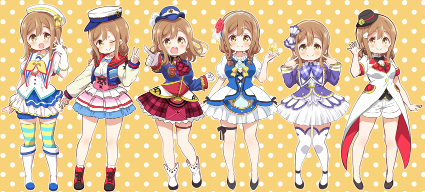 >:) 6+girls :d alternate_hairstyle ankle_strap aozora_jumping_heart ascot black_bow black_bowtie black_footwear black_headwear black_ribbon blue_bow blue_headwear blue_jacket blue_neckwear blue_shorts blush boots bow bowtie braid brown_eyes brown_hair clenched_hand coattails collared_shirt commentary_request corset double_v dress earrings elbow_gloves female_service_cap flower frilled_sleeves frills full_body gloves hair_flower hair_ornament hairband hairbow hand_up happy_party_train hat hat_flower hat_ribbon jacket jewelry kunikida_hanamaru leg_ribbon long_hair long_sleeves looking_at_viewer love_live! love_live!_sunshine!! mezashi_(mezamashi_set) miniskirt mirai_ticket multiple_girls multiple_views neck_ribbon neckerchief open_mouth orange_background pendant plaid plaid_bow plaid_neckwear plaid_skirt pleated_skirt pointing pointing_at_self polka_dot polka_dot_background raglan_sleeves red_ascot red_bow red_flower red_footwear red_skirt ribbon sailor_collar shell_hair_ornament shirt short_shorts short_sleeves shorts shorts_under_skirt single_elbow_glove single_glove skirt smile socks standing star_(symbol) striped_clothes striped_jacket striped_thighhighs suit_jacket thigh_ribbon thighhighs traditional_bowtie twin_braids v v-shaped_eyebrows water_blue_new_world white_footwear white_gloves white_headwear white_legwear white_shorts white_skirt yellow_bow yellow_bowtie yellow_eyes yellow_flower yellow_ribbon