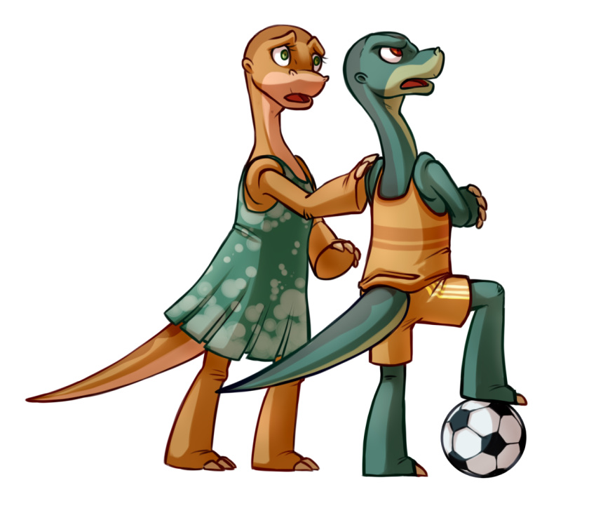 alpha_channel anthro ball bottomwear clothing digital_media_(artwork) dinosaur don_bluth duo extinct full-length_portrait lizzie_tinysaurus outline portrait prehistoric_species reptile scalie shaded shorts simple_background skitter_tinysaurus soccer sport the_land_before_time topazice transparent_background uniform