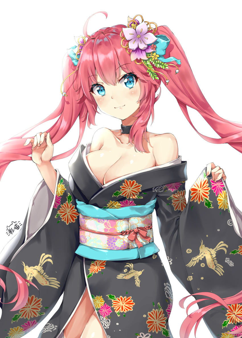 absurdres ahoge bare_shoulders black_choker black_kimono blue_bow blue_eyes blush bow breasts choker cleavage closed_mouth collarbone commentary_request female floral_print flower hair_between_eyes hair_flower hair_ornament hairbow head_tilt highres japanese_clothes kimono large_breasts long_hair long_sleeves obi off_shoulder pink_hair print_kimono purple_flower sash signature simple_background smile solo suspenders taihou_(warship_girls_r) twintails warship_girls_r white_background wide_sleeves zhudacaimiao