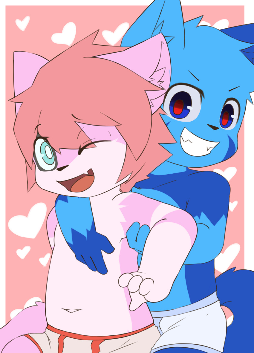 absurd_res anthro blue_body blue_eyes blue_fur briefs clothed clothing cute_fangs cynxie_(artist) domestic_cat duo felid feline felis fur grin hand_on_chest haziq_(hazumazu) heart_symbol hi_res hug looking_at_viewer male mammal navel naz_namaki_(cynxie) one_eye_closed open_mouth pink_body pink_fur simple_background sitting smile topless underwear young young_anthro young_male