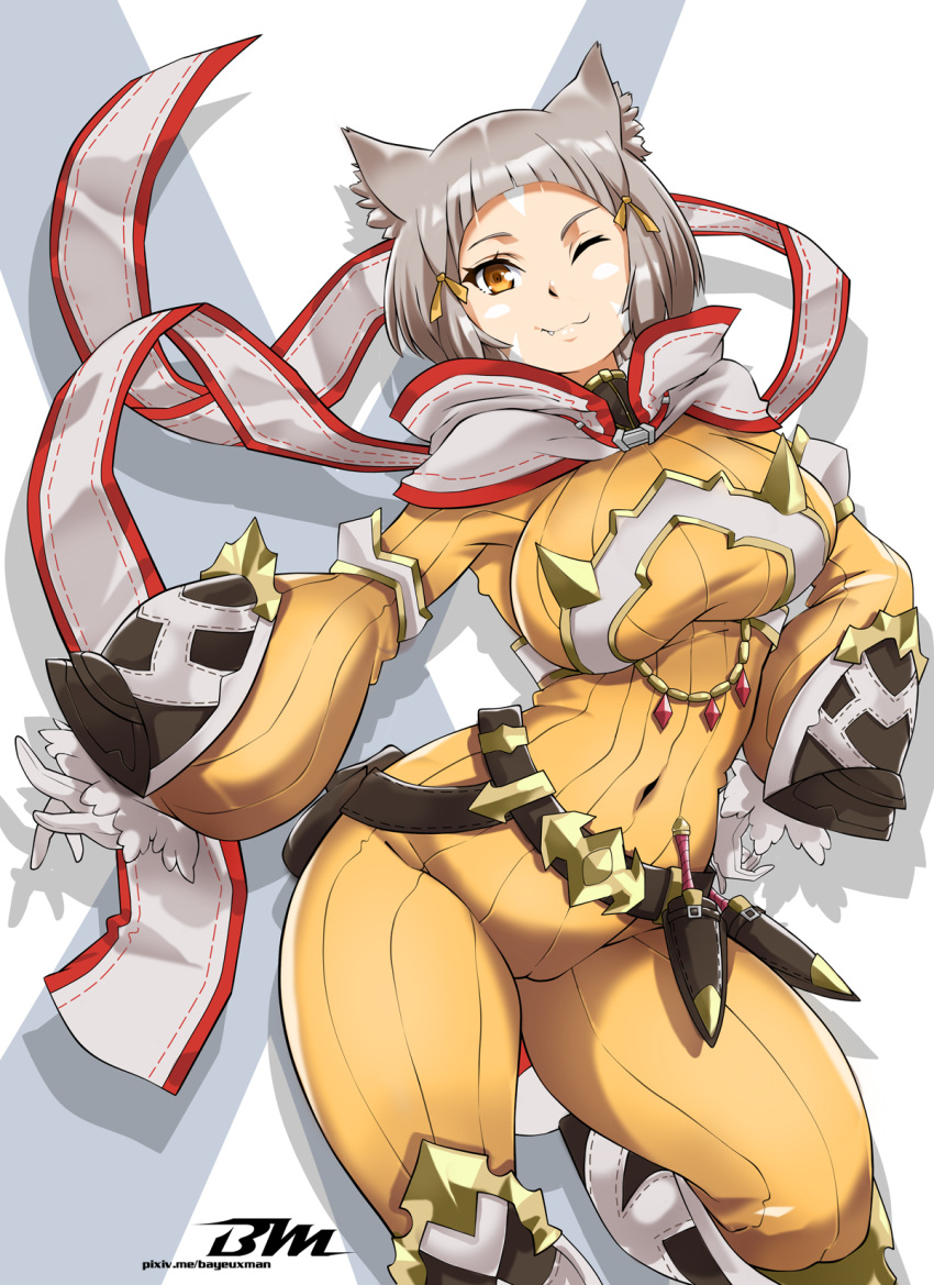 animal_ears bayeuxman breasts gloves grass grey_hair highres large_breasts nintendo niyah one_eye_closed ribbon simple_background xenoblade_(series) xenoblade_2 yellow_eyes