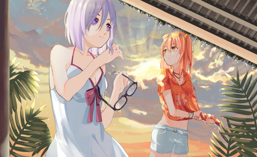 2girls :d ahoge blue_background bracelet breasts cleavage collarbone collared_shirt commentary_request dress_shirt dress_swimsuit eyewear_on_head fate/grand_order fate_(series) floral_print fujimaru_ritsuka_(female) fujimaru_ritsuka_(female)_(tropical_summer) gina_61324 groin hair_ornament hair_scrunchie hawaiian_shirt hibiscus_print highres jewelry looking_at_viewer mash_kyrielight mash_kyrielight_(swimsuit_of_perpetual_summer) medium_breasts midriff multiple_girls necklace official_alternate_costume one_side_up open_mouth orange-tinted_eyewear orange_eyes orange_hair orange_scrunchie orange_shirt outdoors scrunchie shirt short_hair short_shorts short_sleeves shorts simple_background smile standing stomach sunglasses swimsuit tied_shirt tinted_eyewear white-framed_eyewear white_shorts