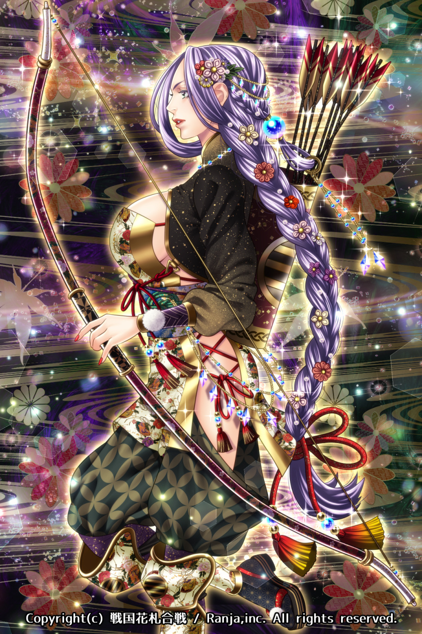 arrow_(projectile) bow_(weapon) breasts commentary_request copyright_name female flower hair_flower hair_ornament highres long_hair mito_amatsu official_art open_mouth original sengoku_hanafuda_kassen weapon