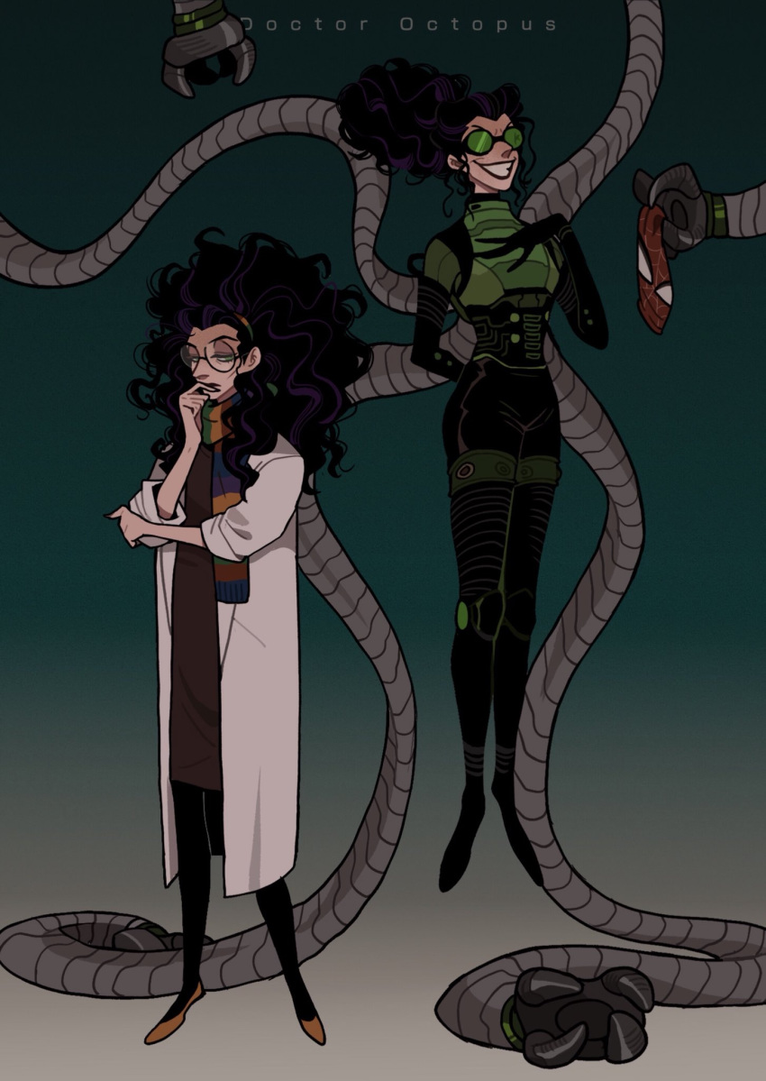 black_hair black_legwear claws doctor doctor_octopus evil_smile female frizzled_hair frizzy_hair glasses hairband juanmao1997 labcoat legwear lipstick mad_scientist marvel mask nails olivia_octavius rule_63 scarf scientist shoes spider-man:_into_the_spider-verse spider-man_(series) suit tentacle title