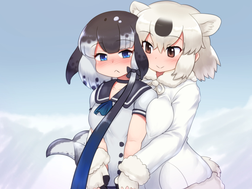 2girls :< animal_ears bear_ears bear_girl bear_tail behind_another black_hair blowhole blue_eyes blue_hair blush breast_press breasts brown_eyes cetacean_tail choker closed_mouth collarbone colored_inner_hair day dress extra_ears fins fish_tail fur-trimmed_sleeves fur_collar fur_trim gloves grey_hair highres holding_hands jacket kemono_friends long_hair long_sleeves looking_at_viewer medium_hair mo23 multicolored_hair multiple_girls narwhal_(kemono_friends) nose_blush outdoors parted_bangs pocket polar_bear_(kemono_friends) short_sleeves side_ponytail sidelocks smile snow tail two-tone_hair upper_body very_long_hair white_hair