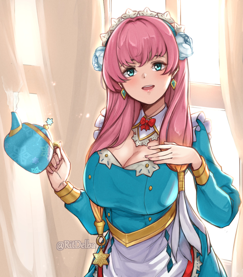 alternate_costume blue_eyes breasts cleavage earrings enmaided female fire_emblem fire_emblem_heroes flower gunnthra_(fire_emblem) hair_flower hair_ornament highres holding jewelry large_breasts long_hair long_sleeves maid maid_headdress open_mouth pink_hair ritence solo teapot twitter_username