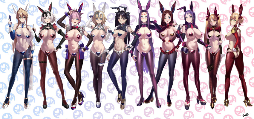 6+girls :d absurdres adapted_costume ahoge alternate_costume animal_ears artoria_pendragon_(fate) artoria_pendragon_(swimsuit_ruler)_(fate) ass ass_visible_through_thighs back bare_shoulders black_hair blonde_hair blue_eyes blush bow bowtie braid breasts brown_hair choker commentary_request covered_nipples detached_sleeves earrings epaulettes ereshkigal_(fate) facial_mark fake_animal_ears fake_tail fate/apocrypha fate/grand_order fate/stay_night fate_(series) forehead forehead_mark french_braid frills frontless_outfit full_body gold_trim green_eyes grey_hair hair_between_eyes hair_ribbon hand_on_own_hip headpiece heart_maebari heart_pasties high_heels highres hoop_earrings ishtar_(fate) jeanne_d'arc_(fate) jeanne_d'arc_(ruler)_(fate) jeanne_d'arc_alter_(avenger)_(fate) jeanne_d'arc_alter_(fate) jewelry kurozawa_yui large_breasts latex latex_legwear leonardo_da_vinci_(fate) lineup long_hair looking_at_viewer looking_back maebari medium_breasts medusa_(fate) medusa_(rider)_(fate) meme_attire minamoto_no_raikou_(fate) miyamoto_musashi_(fate) multiple_girls navel nero_claudius_(fate) nero_claudius_(fate/extra) one_eye_closed open_mouth parted_bangs pasties pink_hair platform_footwear platform_heels ponytail puffy_sleeves purple_eyes purple_hair rabbit_ears rabbit_tail red_eyes red_ribbon revealing_clothes reverse_bunnysuit reverse_outfit ribbon shiny_skin short_hair shoulder_blades shrug_(clothing) sidelocks skin_tight smile stomach swept_bangs tail thigh_gap thighs tiara two_side_up very_long_hair white_background wrist_cuffs yellow_eyes