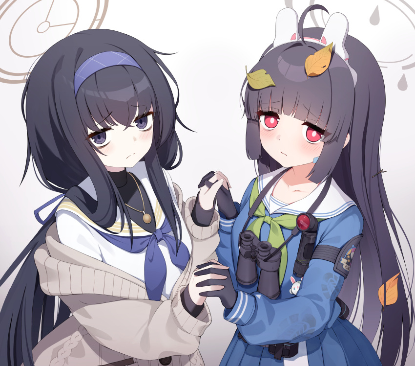 2girls absurdres ahoge bags_under_eyes binoculars bitseon black_gloves black_hair blue_archive blue_serafuku blue_shirt blue_skirt blush commentary dirty flashlight gloves green_neckerchief hairband halo highres interlocked_fingers long_hair long_sleeves miyu_(blue_archive) multiple_girls neckerchief pleated_skirt purple_eyes red_eyes sad sailor_collar school_uniform serafuku shirt shoe_print skirt ui_(blue_archive)