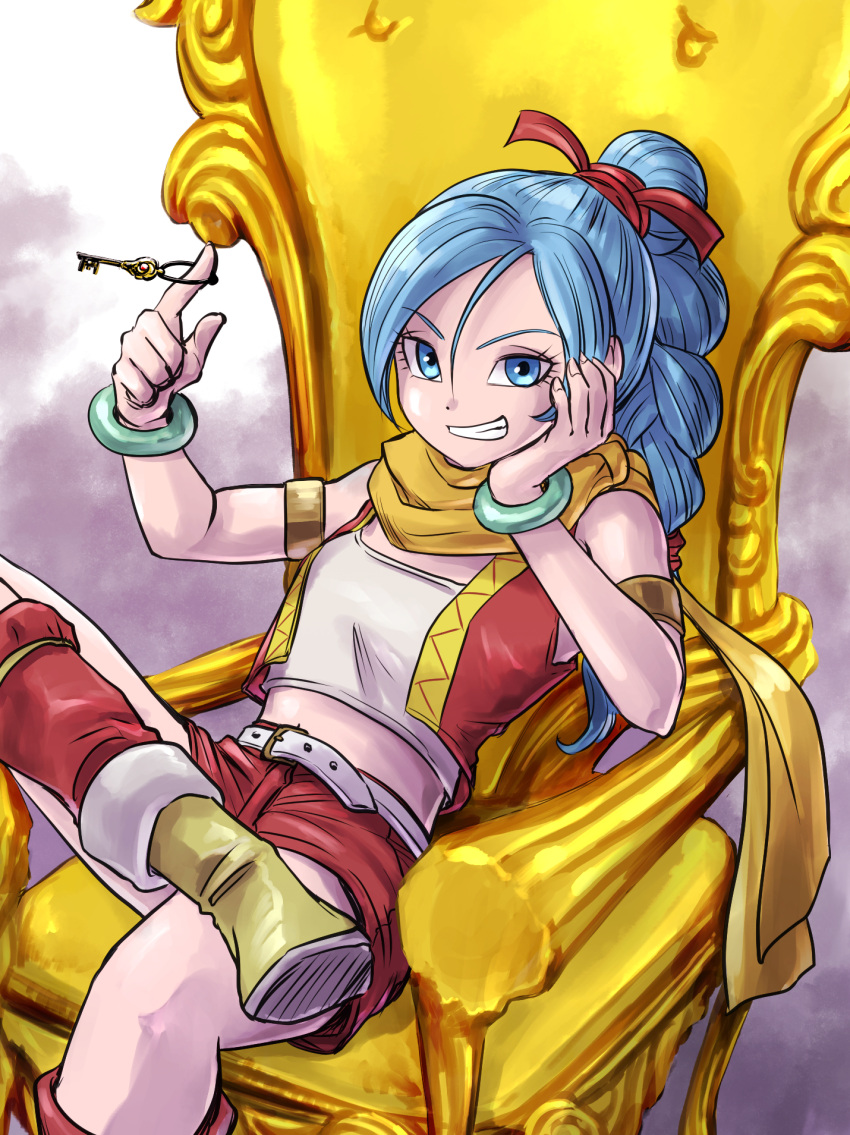 armlet blue_eyes blue_hair boots bracelet braid brown_hair brown_scarf commentary_request crossed_legs dragon_quest dragon_quest_xi female finger_twirl grin hair_between_eyes hair_ribbon highres jewelry key long_hair maya_(dq11) midriff on_chair pekuchin_(pekuchin_3) reclining red_legwear red_ribbon red_shorts red_vest ribbon scarf shirt shorts single_braid sitting smile solo teeth throne vest white_shirt