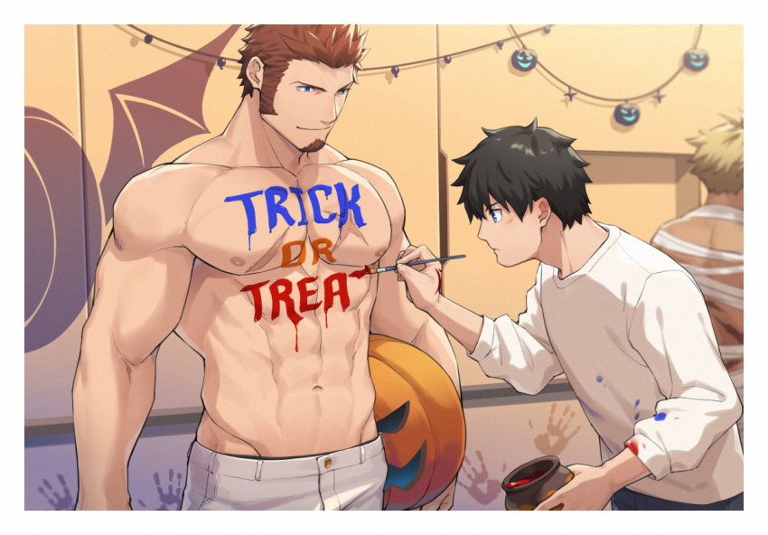 3boys 47 abs bandages bara beowulf_(fate) biceps black_hair blush body_writing english_text facial_hair fate/grand_order fate_(series) fujimaru_ritsuka_(male) goatee groin halloween halloween_costume jack-o'-lantern large_pectorals long_sideburns male_focus multiple_boys mummy_costume muscular muscular_male naked_bandage napoleon_bonaparte_(fate) navel nipples paint_on_clothes paintbrush painting pants pectorals pumpkin pumpkin_hat shirtless short_hair sideburns stubble trick_or_treat white_pants