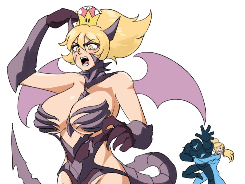 2021 bare_shoulders big_breasts blonde_hair breasts cleavage dark_samus horns humanized mario_(series) meme metroid monster_girl new_super_mario_bros._u_deluxe nintendo restraining ridley ridleyette samus_aran super_crown super_smash_bros. tagme tail tinafate1 wings zero_suit_samus