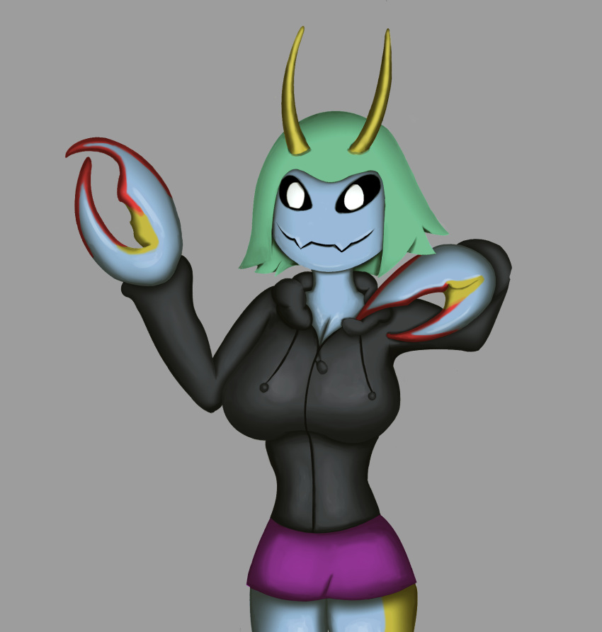 alexandliberty anthro arthropod black_clothing black_sweater black_topwear bottomwear clothing female green_hair hair hi_res horn insects purple_bottomwear purple_clothing purple_skirt skirt solo sweater topwear yellow_horn