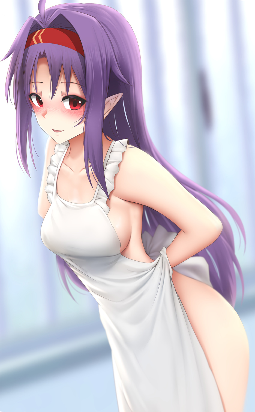 apron arms_behind_back bare_arms bare_shoulders blush breasts collarbone commentary elf female frilled_apron frills ginhaha hair_intakes hairband highres long_hair looking_at_viewer medium_breasts naked_apron nose_blush open_mouth pointy_ears purple_hair red_eyes red_hairband sideboob sidelocks smile solo sword_art_online very_long_hair white_apron yuuki_(sao)