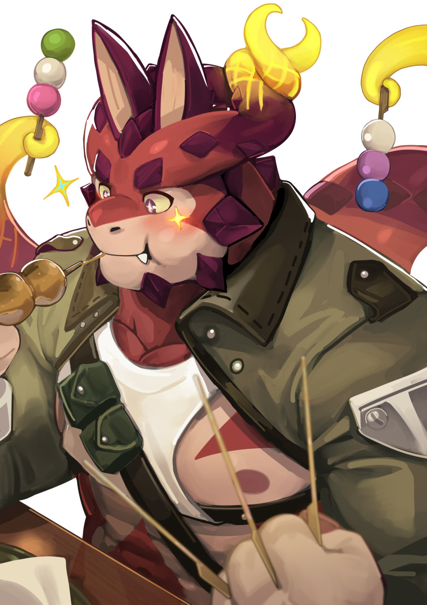 1boy animal_ears bara chest_harness collared_jacket colored_sclera commentary cthugha_(housamo) dango eating food furry furry_male green_jacket harness highres holding holding_skewer jacket large_pectorals male_focus mitarashi_dango muscular muscular_male nipples pectorals pouch purple_eyes sanshoku_dango simple_background sitting skewer solo sparkle sparkling_eyes tank_top tentacle_hair tokyo_afterschool_summoners upper_body wagashi white_background white_tank_top yellow_sclera zoyu_(wuedti)