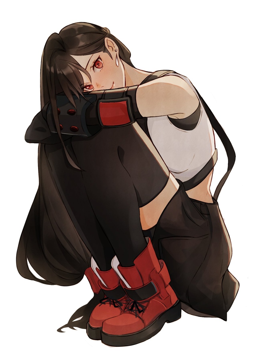 bare_shoulders black_hair black_skirt black_thighhighs boots crop_top detached_sleeves earrings female final_fantasy final_fantasy_vii final_fantasy_vii_remake full_body highres jewelry long_hair looking_at_viewer low-tied_long_hair mmariesr red_eyes red_footwear skirt smile solo squatting suspender_skirt suspenders tank_top thighhighs tifa_lockhart white_background white_tank_top