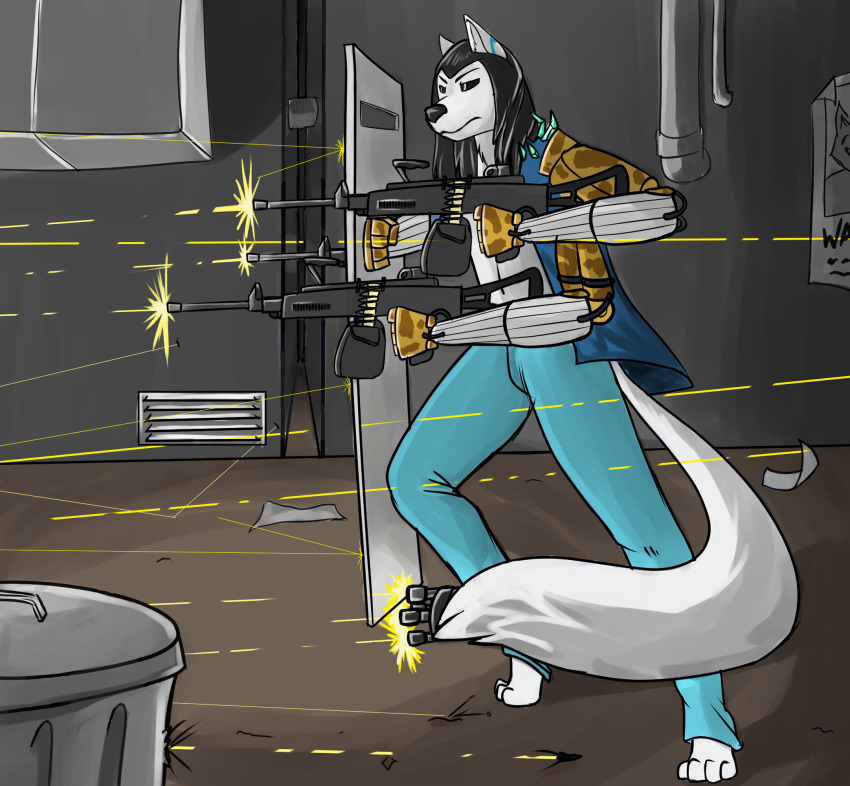 anthro ballistic_shield biped bullet canid canine detailed_background digital_drawing_(artwork) digital_media_(artwork) famel fox gemerency hi_res male mammal multi_arm multi_limb outside prosthetic prosthetic_arm prosthetic_limb shaded shield solo tail_gun warfare