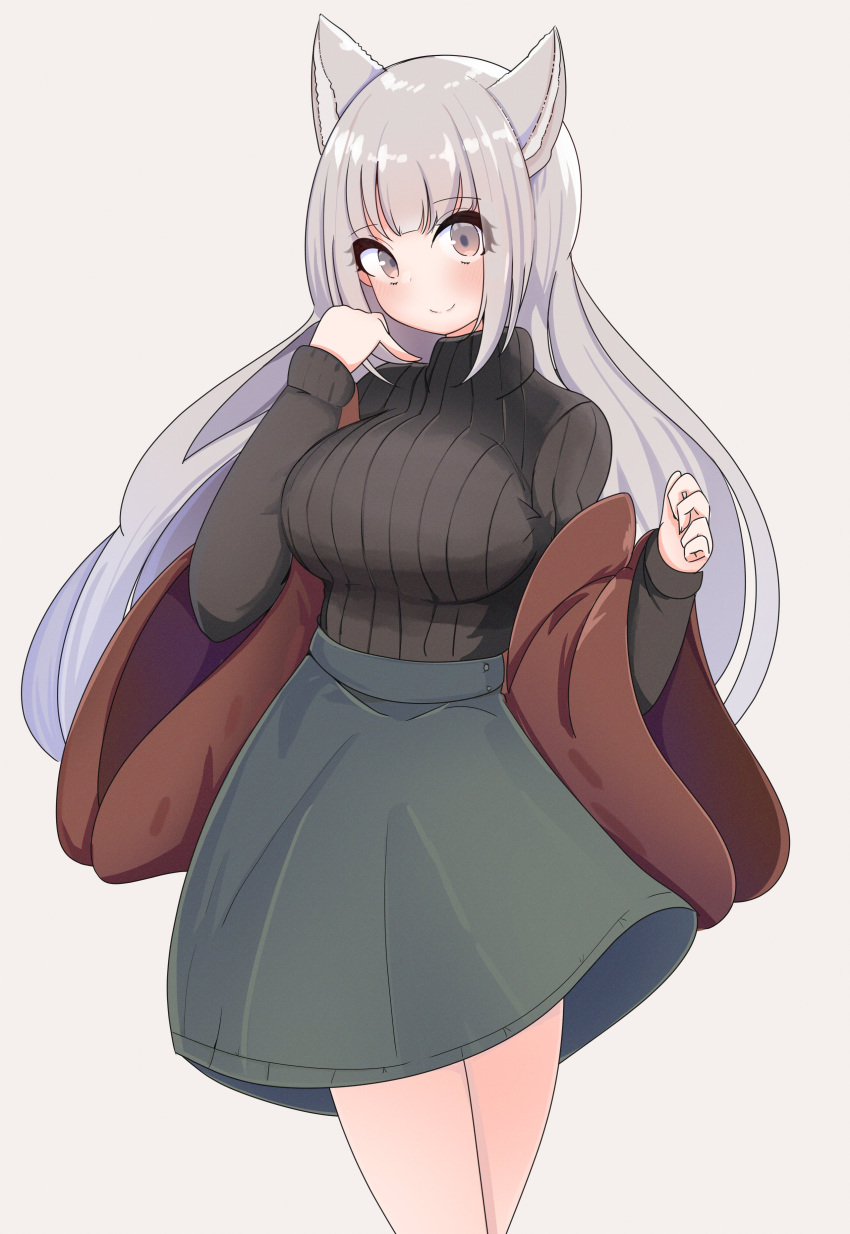 absurdres animal_ears biba_eichi black_sweater blush breasts brown_jacket female fox_ears fox_girl grey_eyes grey_skirt head_tilt highres indie_virtual_youtuber jacket large_breasts long_hair looking_at_viewer nerine_(vtuber) off_shoulder ribbed_sweater skirt smile solo sweater virtual_youtuber wide_sleeves