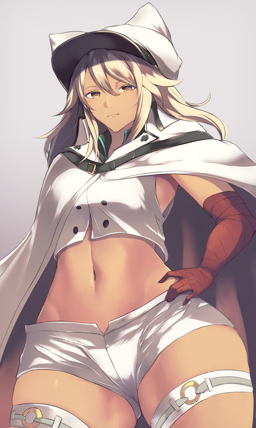 bandaged_arm bandages belt black_belt breasts buttons cape closed_mouth collared_shirt commentary_request cowboy_shot dark-skinned_female dark_skin eyebrows_hidden_by_hair female grey_background groin guilty_gear guilty_gear_strive hair_between_eyes hand_on_own_hip hat highres long_hair looking_at_viewer medium_breasts midriff navel platinum_blonde_hair ramlethal_valentine shirt short_shorts shorts simple_background sleeveless sleeveless_shirt solo standing thigh_strap white_cape white_hat white_shirt white_shorts yatai_(ya2taic) yellow_eyes