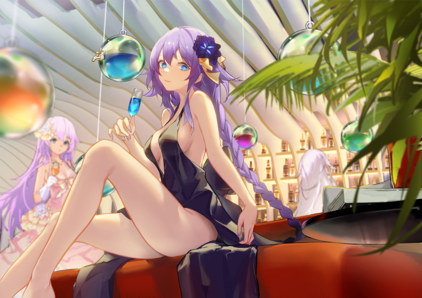 3girls absurdres backless_dress backless_outfit bare_arms bare_legs bare_shoulders black_heart_(neptunia) blue_eyes braid breasts cleavage cup dress drink drinking_glass elbow_gloves flower frilled_dress frills glass gloves gown hair_flower hair_ornament highres long_hair looking_at_viewer looking_to_the_side medium_breasts multiple_girls neptune_(series) no_panties pink_hair purple_hair purple_heart_(neptunia) purple_sister rein_yukimatsu ribbon siblings sideboob sitting symbol-shaped_pupils twin_braids very_long_hair wine_glass