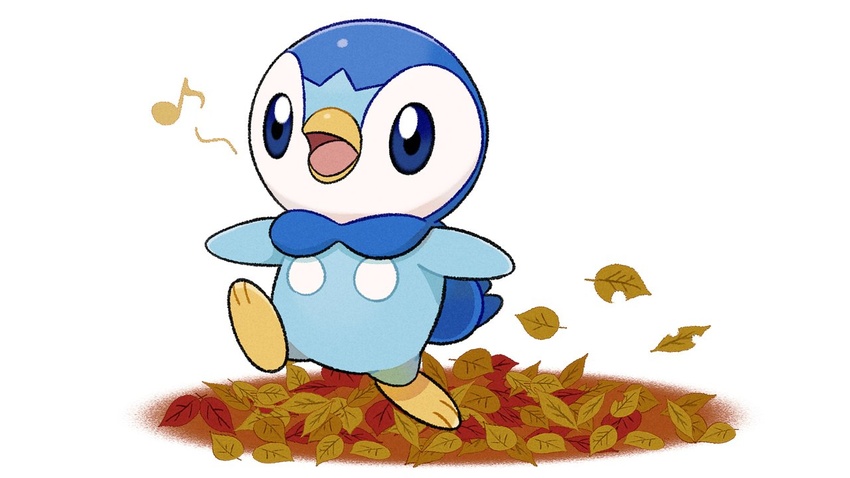 blue_eyes commentary_request full_body leaf leg_up musical_note no_humans official_art open_mouth piplup pokemon pokemon_(creature) project_pochama solo standing standing_on_one_leg toes tongue white_background