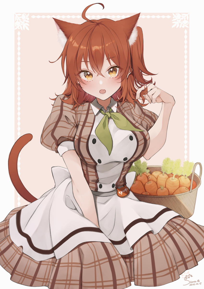 absurdres ahoge animal_ears breasts cat_ears cat_tail fate/grand_carnival fate/grand_order fate_(series) female fujimaru_ritsuka_(female) hair_ornament hair_scrunchie highres large_breasts looking_at_viewer official_alternate_costume one_side_up orange_eyes orange_hair scrunchie short_hair solo suna_co tail