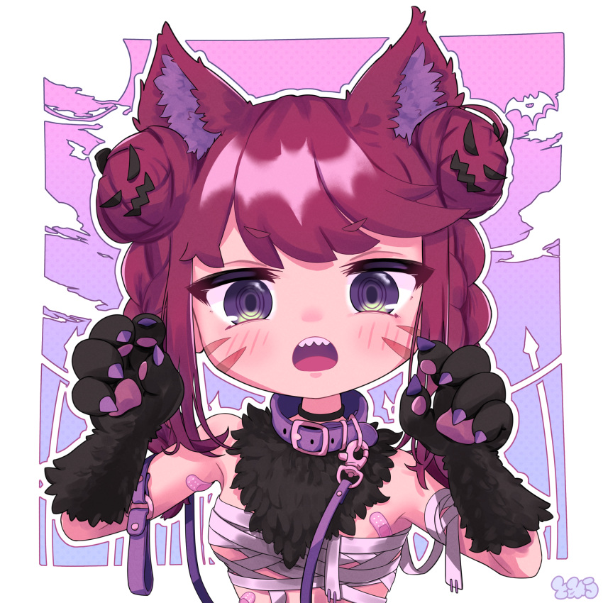 absurdres animal_ears animal_hands arms_up bad_id bad_pixiv_id bandages bandaid blush braid choker collar denonbu double_bun female fur hair_bun hair_ornament halloween halloween_costume highres inubousaki_shian leash looking_at_viewer open_mouth purple_eyes sharp_teeth teeth tomiuimot twin_braids