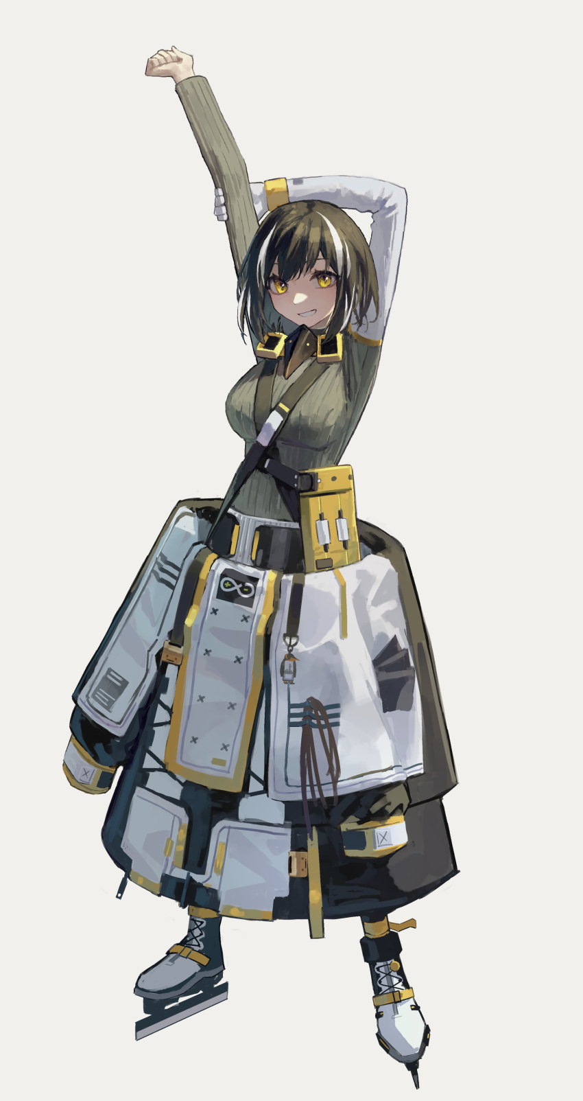 :d absurdres arknights arms_up bad_id bad_twitter_id breasts brown_hair brown_sweater clothes_around_waist coat female full_body gloves grin highres ice_skates large_breasts looking_at_viewer magallan_(arknights) magallan_(elite_ii)_(arknights) multicolored_hair parted_lips short_hair simple_background single_glove skates smile solo standing streaked_hair stretching sweater two-tone_hair white_background white_coat white_gloves white_hair yellow_eyes yoon_cook