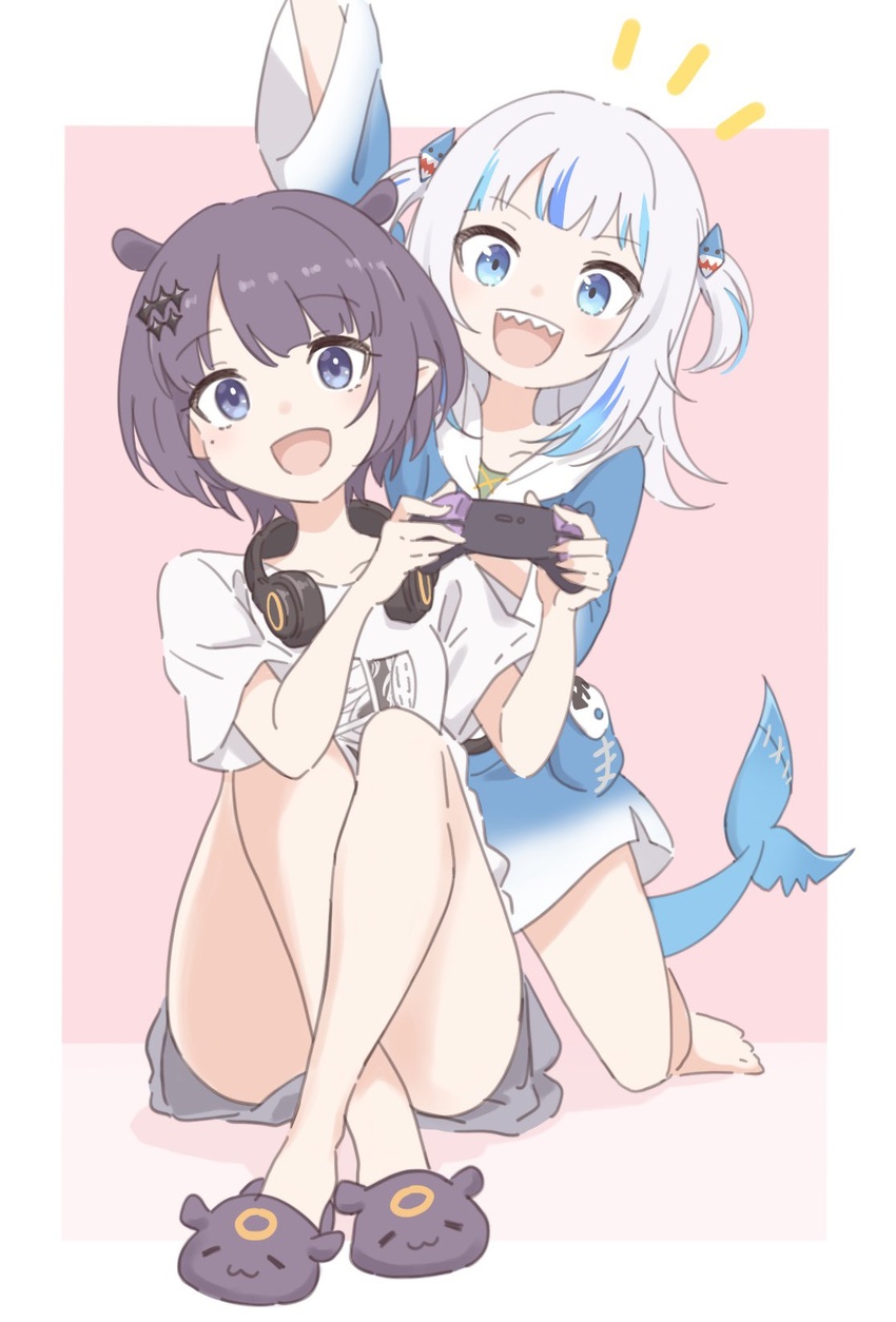 2girls :3 :d arm_up bare_arms bare_legs barefoot blue_eyes blue_hair blunt_bangs commentary controller crossed_ankles fins fish_tail full_body game_controller gawr_gura gawr_gura_(1st_costume) hair_ornament hairclip happy headphones headphones_around_neck highres holding holding_controller holding_game_controller hololive hololive_english kneeling long_sleeves looking_at_viewer mixed-language_commentary mole mole_under_eye multicolored_hair multiple_girls ninomae_ina'nis ninomae_ina'nis_(loungewear) o_kudake official_alternate_costume official_alternate_hair_length official_alternate_hairstyle open_mouth pink_background playing_games pointy_ears shark_tail sharp_teeth shirt short_hair short_sleeves simple_background sitting slippers smile streaked_hair t-shirt tail takodachi_(ninomae_ina'nis) teeth two-tone_hair two_side_up virtual_youtuber white_hair white_shirt wide_sleeves