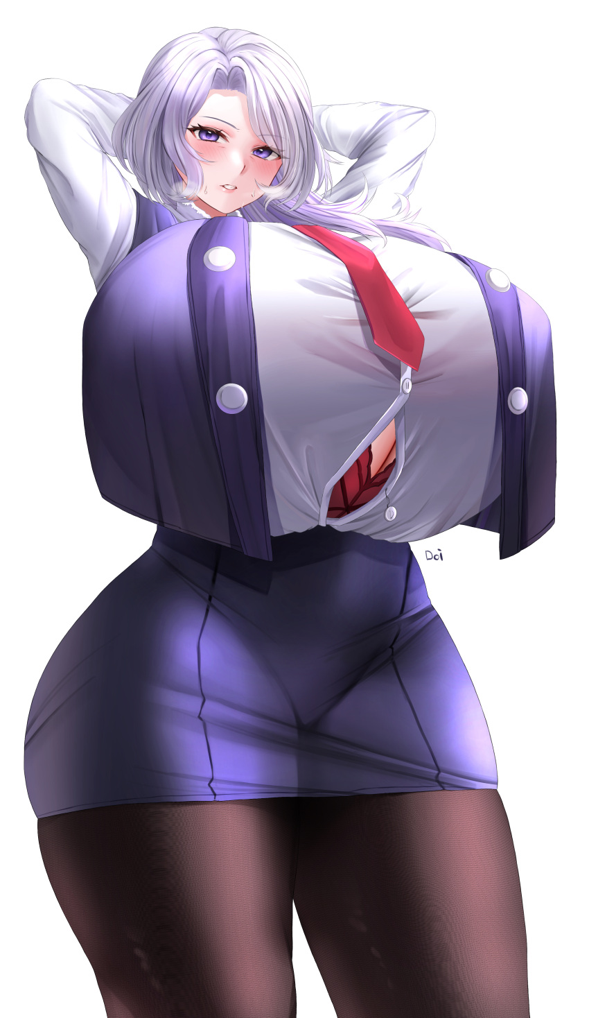 absurdres alternate_breast_size arms_behind_back artist_name black_pantyhose blush bra breasts button_gap cleavage collared_shirt commission doinaka female gigantic_breasts grey_hair head_tilt highres long_hair looking_at_viewer mature_female pantyhose parted_lips purple_eyes purple_shorts purple_sweater red_bra rwby shirt shorts simple_background skeb_commission sleeveless sleeveless_sweater solo sweat sweater underwear white_background white_shirt willow_schnee