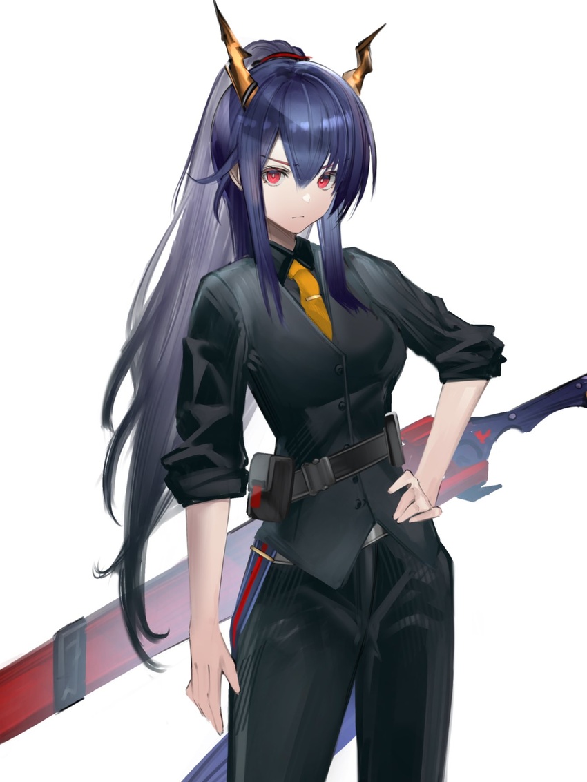 alternate_costume alternate_hair_length alternate_hairstyle arknights black_jacket black_pants blue_hair breasts ch'en_(arknights) closed_mouth dragon_girl dragon_horns dragon_tail eugle_na female hand_on_own_hip highres horns jacket long_hair long_sleeves looking_at_viewer medium_breasts necktie orange_necktie pants ponytail red_eyes sheath sheathed sidelocks simple_background sleeves_pushed_up solo sword tail v-shaped_eyebrows very_long_hair vest weapon weapon_on_back white_background