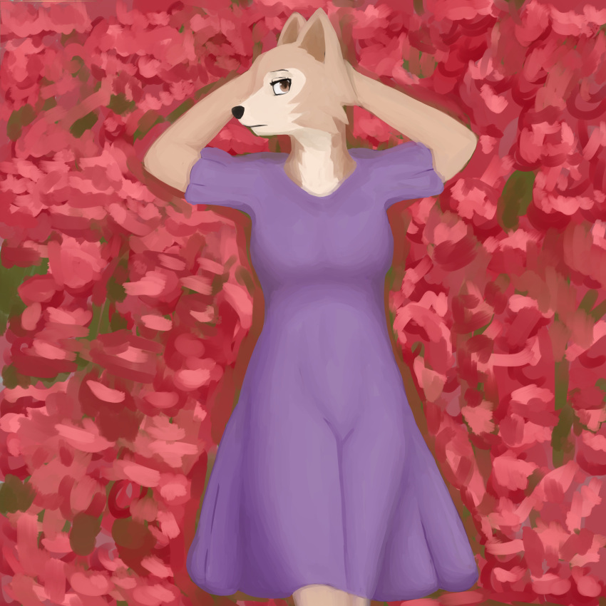 1:1 absurd_res alexandliberty anthro beastars biped brown_body brown_eyes brown_fur canid canine canis clothed clothing digital_media_(artwork) digital_painting_(artwork) dress female floral_background flower fully_clothed fur hand_on_head hi_res leano_(beastars) lying mammal plant portrait purple_clothing purple_dress rose_(flower) solo three-quarter_portrait tight_clothing tight_dress wolf