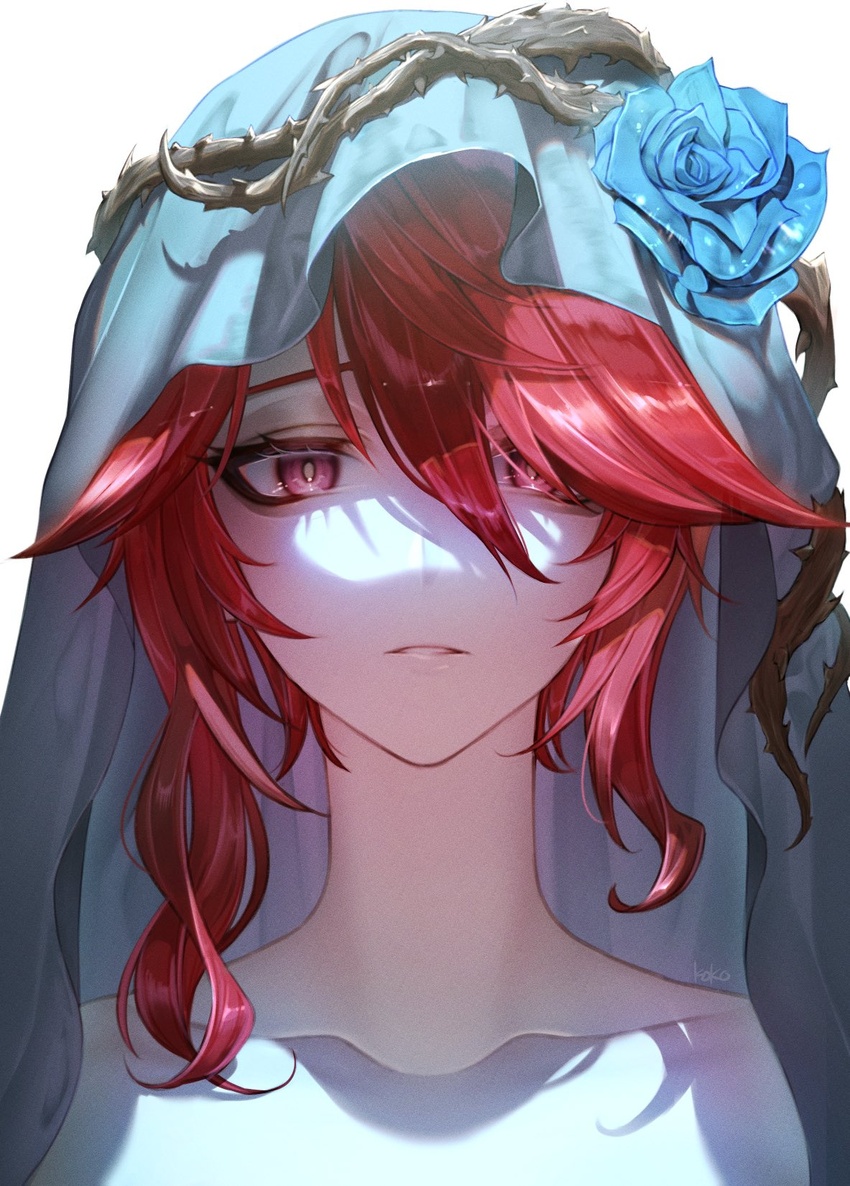 blue_flower blue_rose blue_veil collarbone eyelashes female flower genshin_impact hair_between_eyes highres kokollet looking_at_viewer pale_skin parted_lips plant portrait red_eyes red_hair rosaria_(genshin_impact) rose short_hair simple_background solo veil vines white_background