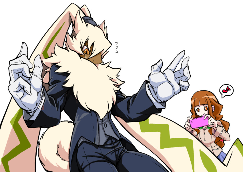 ankomoke anthro bandai_namco brown_hair butler cellphone clothing digimon digimon_(species) digimon_ghost_game duo electronics female formal_wear fur hair hi_res human lagomorph leporid long_ears long_hair male mammal netiel orange_eyes phone photographing_another ponytail_ears rabbit ruri_tsukiyono smartphone suit symbareangoramon yellow_body yellow_fur