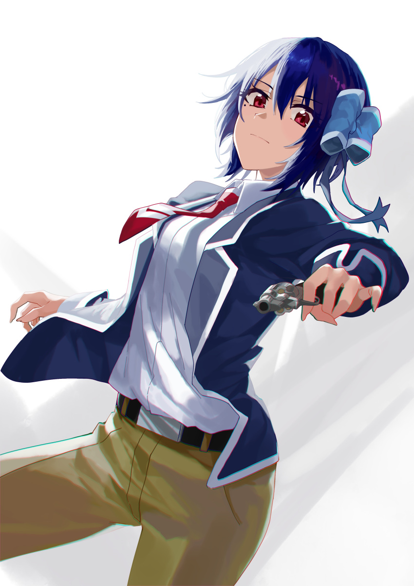 absurdres belt black_belt blue_bow blue_hair blue_jacket bow closed_mouth collared_shirt dierbeibanjia dress_shirt female frown gun hair_between_eyes hairbow handgun highres holding holding_gun holding_weapon jacket long_sleeves looking_at_viewer mole mole_under_eye neck_ribbon nisekoi pants red_eyes red_ribbon ribbon school_uniform shirt short_hair solo tsugumi_seishirou weapon white_background white_shirt wing_collar yellow_pants