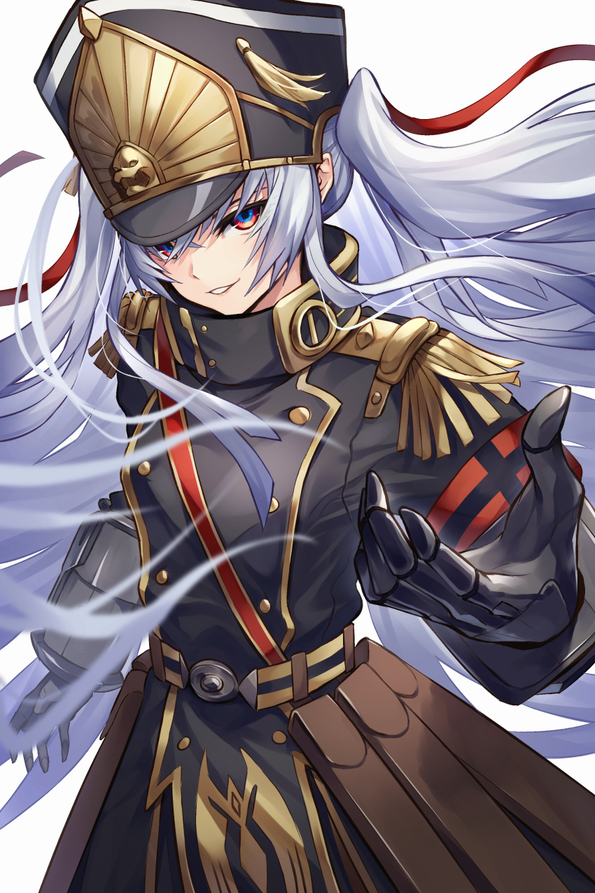 absurdres altair_(re:creators) armband belt black_gloves black_hat black_jacket blue_eyes buttons commentary_request crossed_bangs diieru epaulettes female floating_hair gauntlets gloves grey_hair grin hair_between_eyes hair_ribbon hat high_collar highres jacket lion_head_(ornament) lips long_hair long_sleeves looking_at_viewer metal_gloves military military_hat military_uniform multicolored_eyes parted_lips pink_lips re:creators reaching reaching_towards_viewer red_eyes red_ribbon ribbon sash shako_cap shoulder_sash sidelocks simple_background smile solo teeth two_side_up uniform very_long_hair white_background yellow_belt