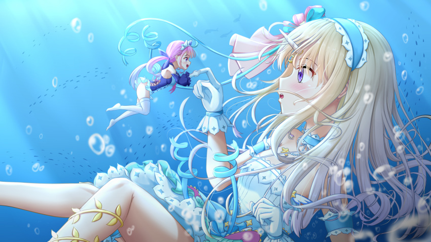 2girls absurdres air_bubble alternate_costume blonde_hair blush bubble civia commentary_request denfunsan dress drill_hair gloves highres hololive hololive_china long_hair looking_at_another minato_aqua multiple_girls open_mouth painttool_sai_(medium) photoshop_(medium) purple_hair swimsuit twin_drills underwater underwear virtual_youtuber