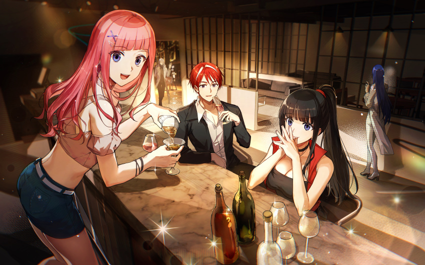 3girls absurdres bar_(place) black_hair blue_eyes blue_hair blue_shorts cang_yue_(tou_xing_jiuyue_tian) character_request coat couch cup drinking_glass earrings gleam highres hoop_earrings jewelry jiu_yue_(tou_xing_jiuyue_tian) long_hair multiple_girls ponytail pouring purple_hair qinglai_haiji red_hair short_hair shorts smile sparkle teeth tou_xing_jiuyue_tian upper_body upper_teeth_only waving white_coat wine_glass