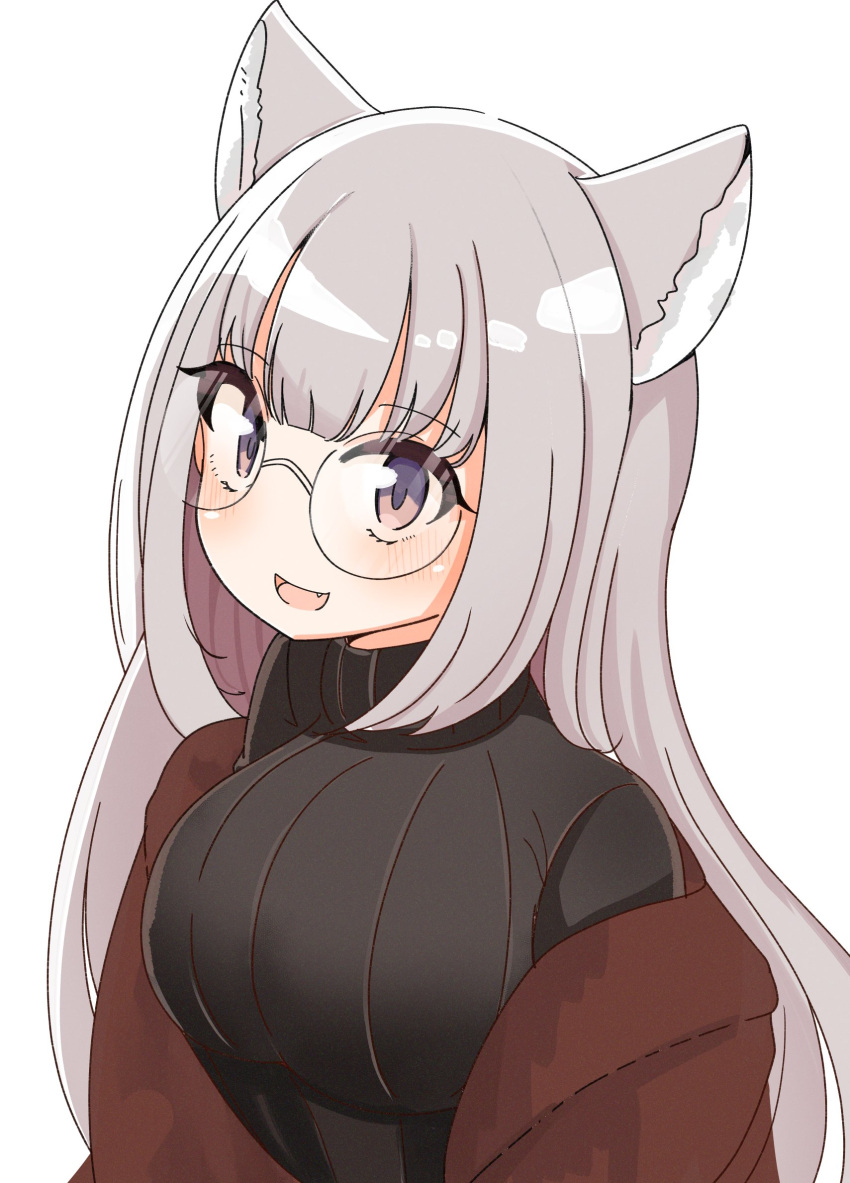 animal_ears biba_eichi breasts brown_jacket female fox_ears fox_girl glasses grey_eyes grey_hair head_tilt highres indie_virtual_youtuber jacket leaning_forward looking_at_viewer medium_breasts nerine_(vtuber) oerba_yun_fang off_shoulder open_mouth round_eyewear solo upper_body virtual_youtuber white_background