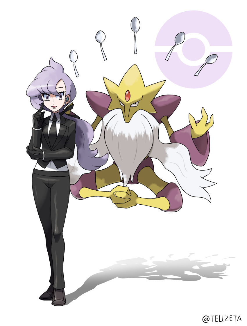 absurdres alakazam anabel_(pokemon) artist_name black_footwear black_gloves black_necktie black_pants collared_shirt commentary_request eyelashes female gloves hand_up highres jacket long_hair long_sleeves looking_at_viewer low_ponytail mega_alakazam mega_pokemon necktie open_mouth pants poke_ball_symbol pokemon pokemon_(creature) pokemon_sm purple_eyes purple_hair shirt shoes simple_background smile standing tellzeta tongue watermark white_background white_shirt