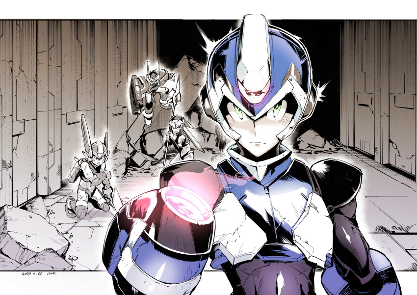 3boys absurdres android arm_cannon armor bad_id bad_twitter_id broken_armor closed_mouth commentary_request dated fairy_leviathan_(mega_man) female fighting_fefnir_(mega_man) glowing green_eyes helmet highres holding holding_weapon kneeling mega_man_(series) mega_man_x_(series) mega_man_x_dive mega_man_zero_(series) multiple_boys open_mouth polearm robot rubble rx_hts sage_harpuia_(mega_man) signature sitting weapon x_(mega_man)