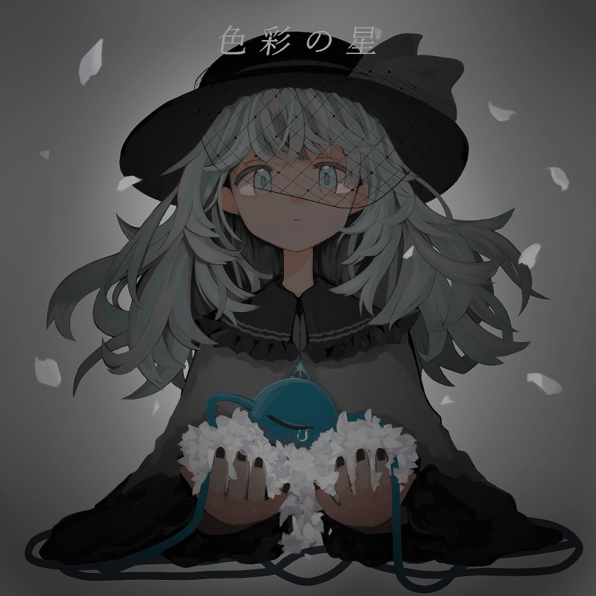 album_cover alternate_color black_hat black_nails blouse closed_mouth commentary cover cropped_torso female fingernails floating_hair frilled_shirt_collar frilled_sleeves frills green_eyes green_hair grey_ribbon grey_shirt hat hat_ribbon highres holding ichinose_(kurui96) komeiji_koishi long_hair long_sleeves looking_at_viewer nail_polish petals ribbon shirt single_tear smile solo third_eye touhou translated upper_body veil wide_sleeves